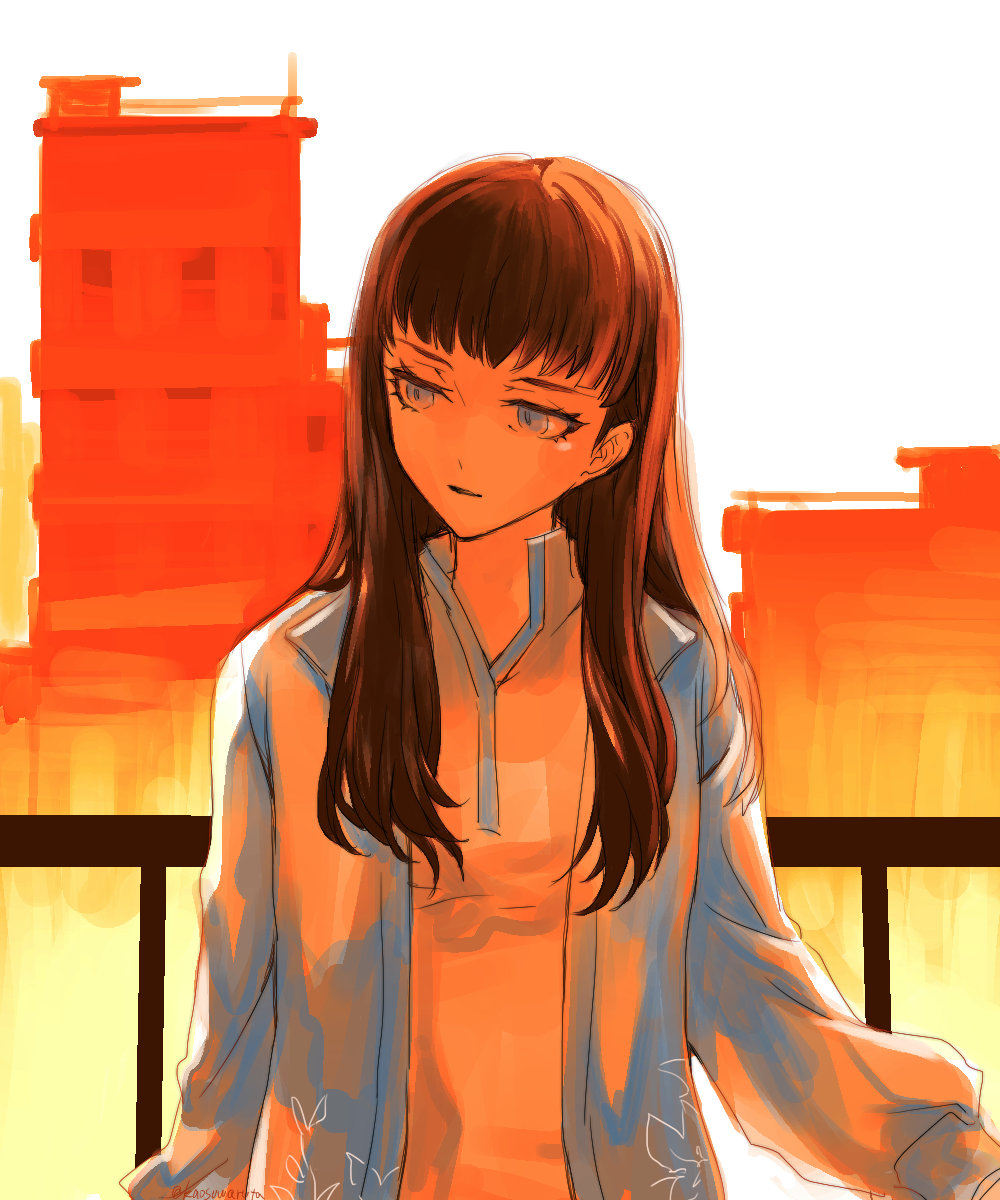 1girl, black_hair, blue_eyes, blue_jacket, building, collared_shirt, commentary_request, fence