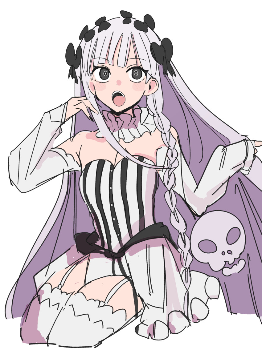 1girl, absurdres, bare_shoulders, black_bow, black_eyes, blush, bow, braid, breasts, collar, colored_inner_hair, commentary_request, detached_sleeves, dress, fate/strange_fake, fate_(series), francesca_prelati_(fate), frilled_collar, frills, garter_straps, grey_hair, hair_bow, highres, long_hair, looking_at_viewer, medium_breasts, multicolored_hair, open_mouth, panties, parted_bangs, ringed_eyes, sidelocks, siokuran, skull_print, solo, striped_clothes, striped_dress, thighhighs, thighs, underwear, very_long_hair, white_dress, white_hair, white_panties, white_thighhighs