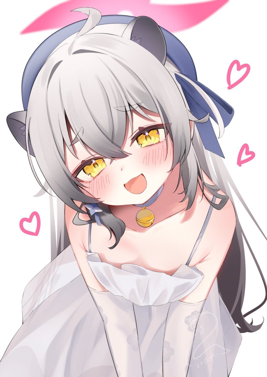 1girl, animal_ears, armpit_crease, bare_shoulders, bell, blue_archive, choker, dress