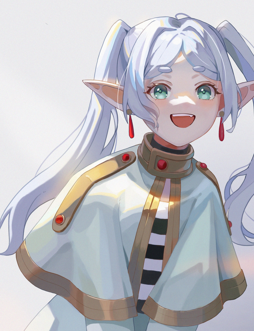 1girl, belt, black_shirt, capelet, commentary_request, earrings, elf, frieren