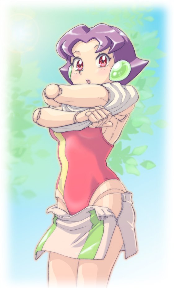 1girl, android, breasts, brown_shirt, brown_skirt, commentary_request, cowboy_shot, hitomi_(robopon), joints, leaf, long_hair, medium_breasts, miniskirt, mizutani_kenta, official_artist_extra, one-piece_swimsuit, parted_lips, purple_hair, red_eyes, red_one-piece_swimsuit, robot_ears, robot_joints, robot_ponkottsu, shirt, short_hair, sideboob, skirt, solo, standing, swimsuit, swimsuit_under_clothes, undressing