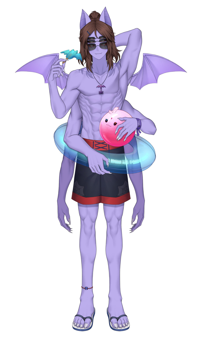 absurdres, animal_ears, anklet, bad_discord_link, bad_link, bat_ears, black_shorts, brown_hair, carol_(lilum), colored_sclera, colored_skin, dante_will, dante_will_(bat), dante_will_(summer_2023), dante_will_(summer_2024), extra_arms, extra_eyes, fingernails, flip-flops, food, hair_bun, hair_ornament, hairclip, highres, holding, holding_food, holding_popsicle, jewelry, key, key_necklace, muscular, muscular_male, necklace, neobaka, ohwasuy, pool_float, popsicle, purple_skin, red_sclera, red_shorts, sandals, sharp_fingernails, shirohomu, short_hair, shorts, single_hair_bun, smile, spider_web_print, sunglasses, wings