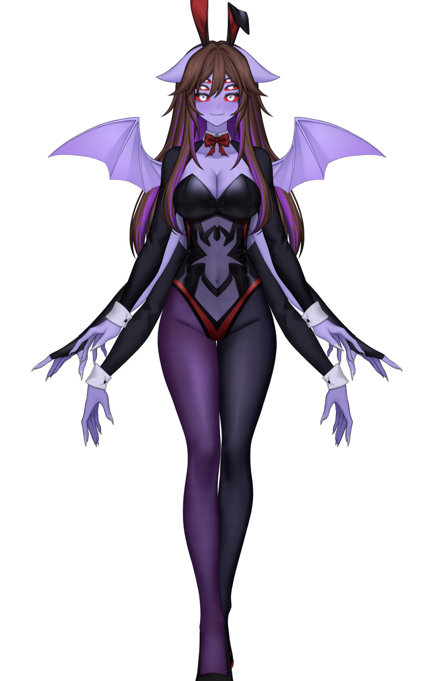 absurdres, animal_ear_hairband, animal_ears, arthropod_girl, bat_ears, black_leotard, brown_hair, colored_skin