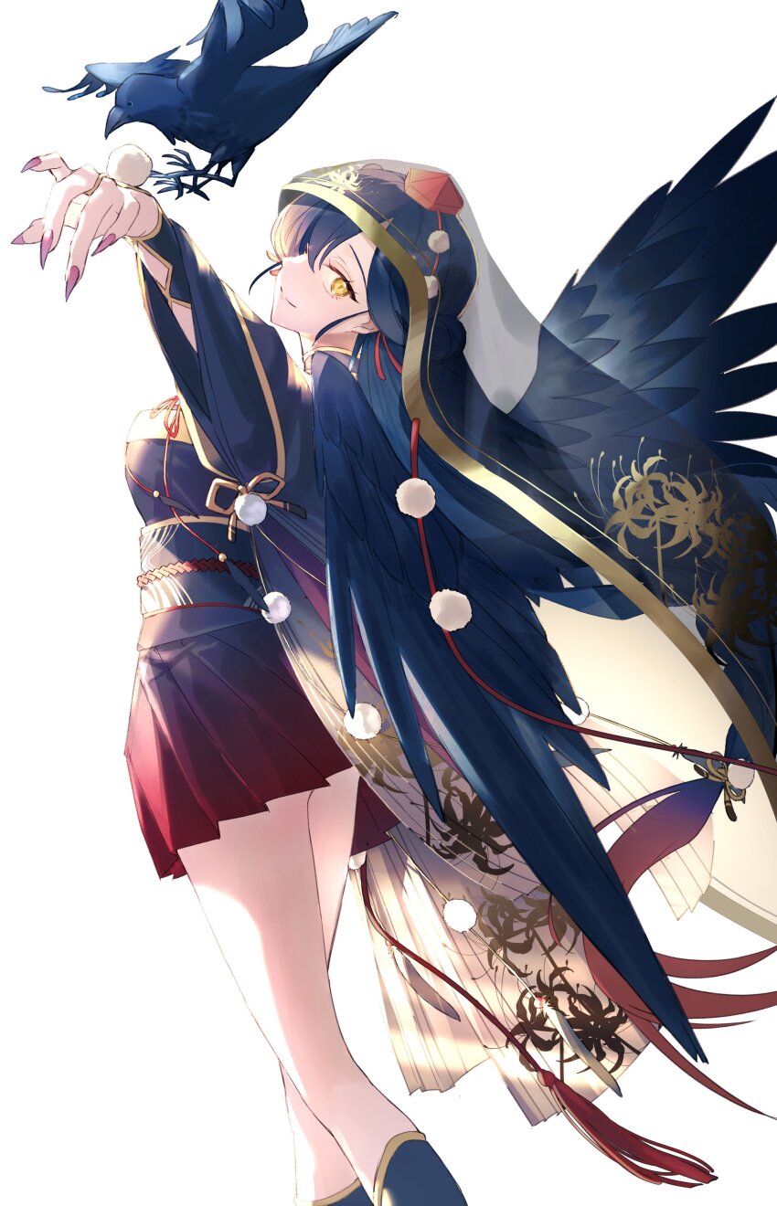 1girl, absurdres, animal, animal_on_head, arm_up, bird, bird_on_head, bird_wings
