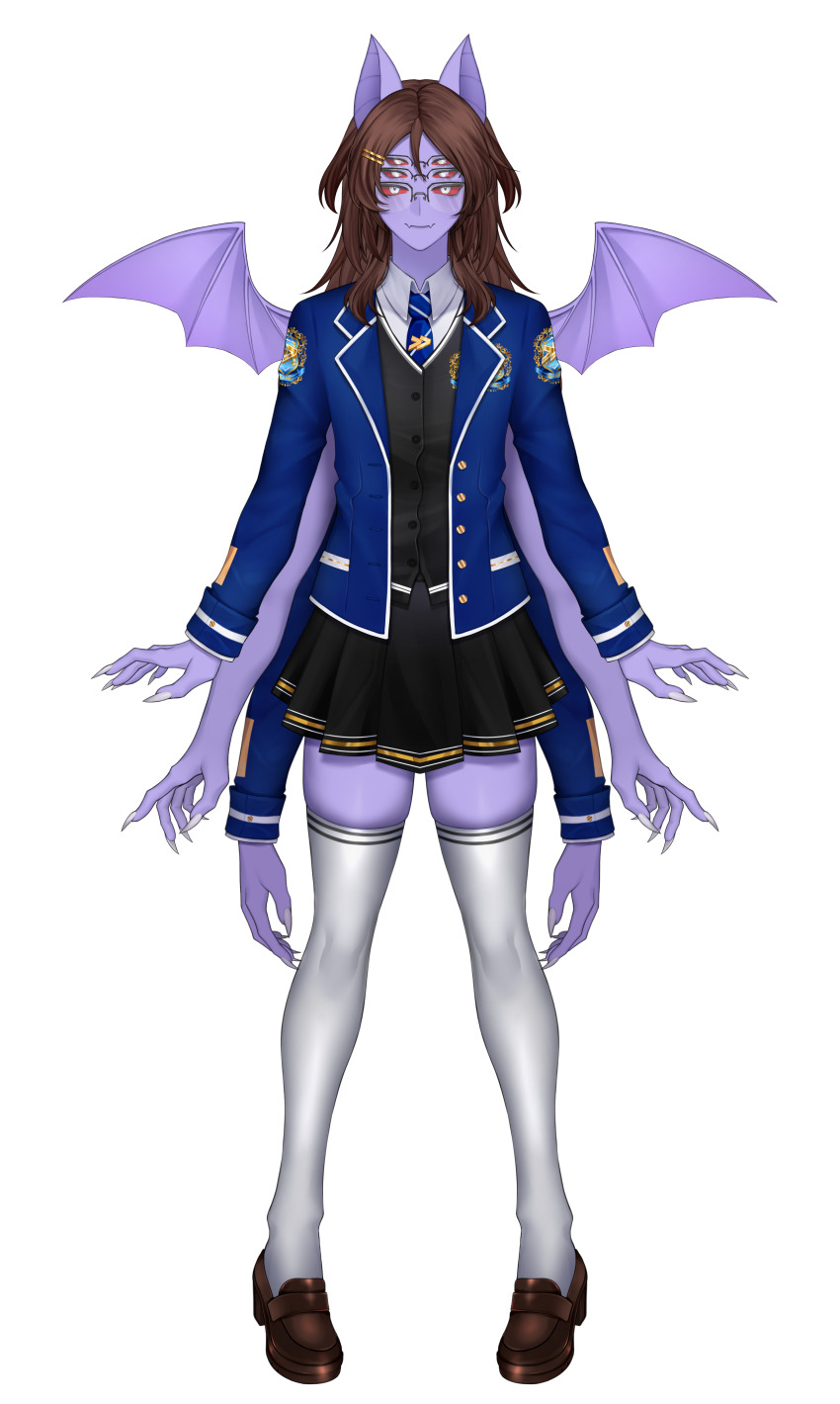 absurdres, animal_ears, bat_boy, bat_ears, black_skirt, black_vest, blue_jacket, blue_necktie, brown_hair, brown_shoes, colored_sclera, colored_skin, dante_will, dante_will_(bat), dante_will_(student), dress, extra_arms, extra_eyes, fingernails, glasses, hair_ornament, hairclip, highres, jacket, kiranni1, long_hair, long_sleeves, necktie, neobaka, ohwasuy, parallel_hairclips, purple_skin, red_sclera, school_uniform, sharp_fingernails, shirt, shoes, skirt, smile, thighhighs, vest, white_shirt, white_thighhighs, wings