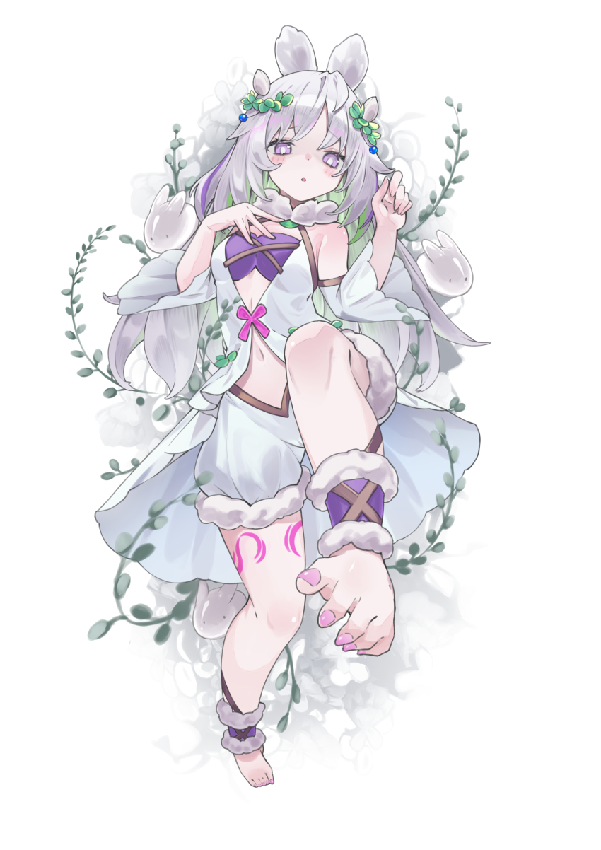 1girl, absurdres, bare_shoulders, barefoot, bloomers, blush, breasts, commentary_request