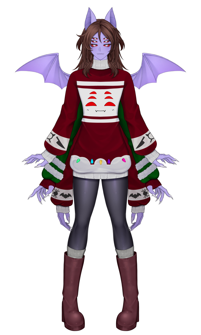 absurdres, animal_ears, animal_print, bat_boy, bat_ears, bat_print, boots, brown_boots, brown_hair, colored_sclera, colored_skin, dante_will, dante_will_(bat), dante_will_(christmas), extra_arms, extra_eyes, fingernails, highres, kiranni1, knife_print, long_hair, long_sleeves, neobaka, ohwasuy, purple_skin, red_sclera, red_sweater, sharp_fingernails, smile, socks, spider_print, sweater, wings