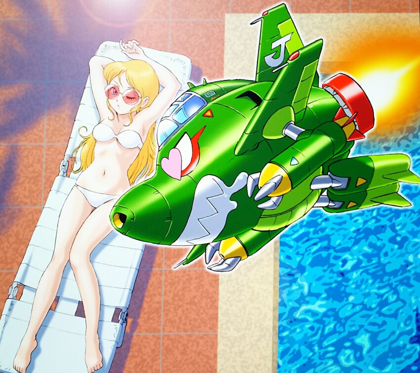 1girl, aircraft, amron_(robopon), arm_behind_head, arms_up, bare_arms, bare_legs, barefoot