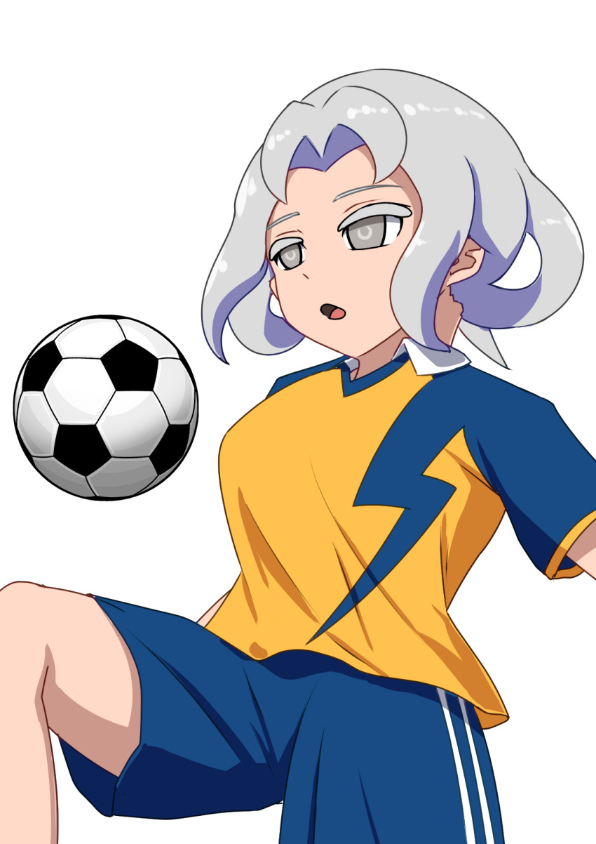 1girl, akasode_matsuri_(inazuma_eleven), ball, blue_shorts, breasts, grey_hair, inazuma_eleven_(series), inazuma_eleven_victory_road