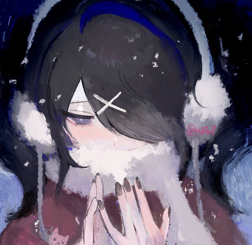 1girl, ame-chan_(needy_girl_overdose), black_hair, black_nails, commentary_request, covered_mouth, earmuffs, grey_eyes