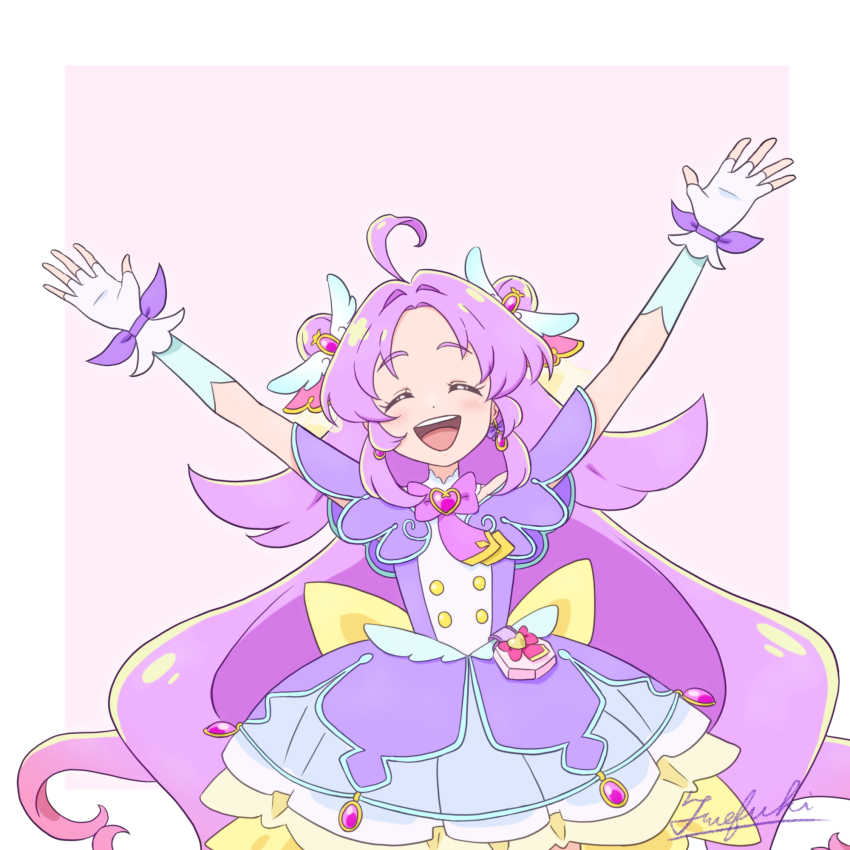 1girl, ahoge, akechi_anna, arms_up, back_bow, bow, brooch, buttons, capelet, closed_eyes, commentary, cowboy_shot, cure_answer, dot_nose, double-breasted, double_bun, dress, facing_viewer, fingerless_gloves, fuefukipiper, glove_bow, gloves, gradient_hair, hair_bun, hair_flaps, hair_intakes, hair_ornament, happy, heart, heart_brooch, highres, jewelry, large_bow, layered_dress, long_hair, magical_girl, meitantei_precure!, multicolored_hair, open_mouth, pink_hair, pouch, precure, purple_background, purple_capelet, purple_dress, purple_gloves, purple_hair, purple_theme, sidelocks, signature, simple_background, smile, solo, standing, yellow_bow