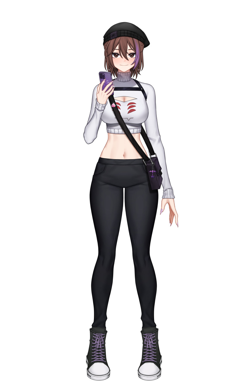 absurdres, bag, beret, black_hat, black_pants, brown_hair, cellphone, cleavage_cutout, clothing_cutout, danielle_webster, dante_will, hat, highres, holding, holding_phone, long_sleeves, multicolored_hair, neobaka, ohwasuy, pants, phone, purple_hair, shirohomu, shirt, short_hair, smartphone, streaked_hair, white_shirt