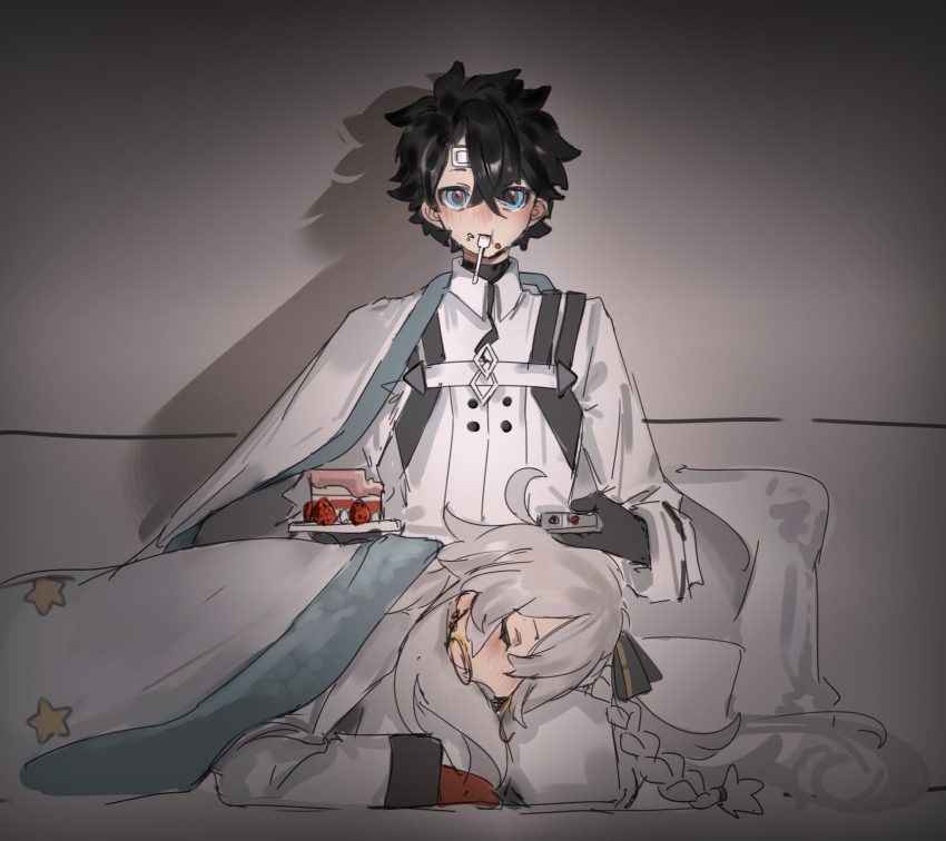 1boy, 1girl, bandaid, bandaid_on_face, black_gloves, black_hair, blue_eyes, braid, chaldea_logo, commentary, earrings, eating, fate/grand_order, fate_(series), fujimaru_ritsuka_(male), fujimaru_ritsuka_(male)_(decisive_battle_chaldea_uniform), gloves, highres, jacket, jewelry, kp3963, lap_pillow, long_hair, long_sleeves, olga_marie_animusphere, olga_marie_animusphere_(unbeast), red_gloves, short_hair, sleeping, untranslatable_commentary, very_long_hair, white_hair