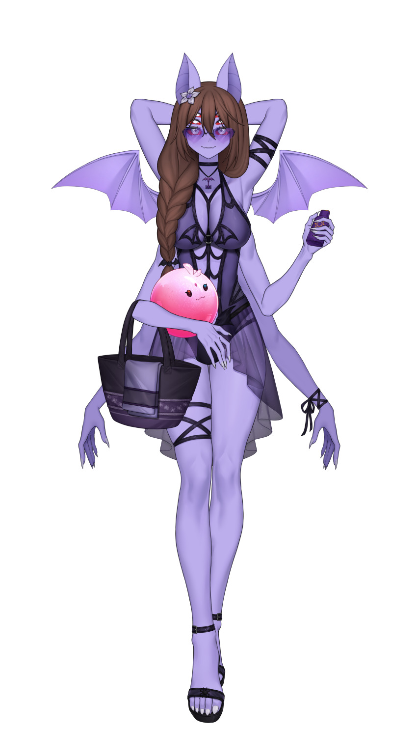 1girl, absurdres, animal_ears, arthropod_girl, bag, bat_ears, braid, brown_hair, carol_(lilum), colored_sclera, colored_skin, dante_will, dante_will_(bat), dante_will_(spider), dante_will_(summer_2024), dante_will_(summer_2025), extra_arms, extra_eyes, fingernails, heart, heart-shaped_eyewear, highres, holding, holding_sunscreen, insect_girl, monster_girl, neobaka, ohwasuy, purple_skin, sandals, sharp_fingernails, sharp_toenails, shirohomu, smile, spider_girl, swimsuit, tinted_eyewear, toenails, transparent_background, wings