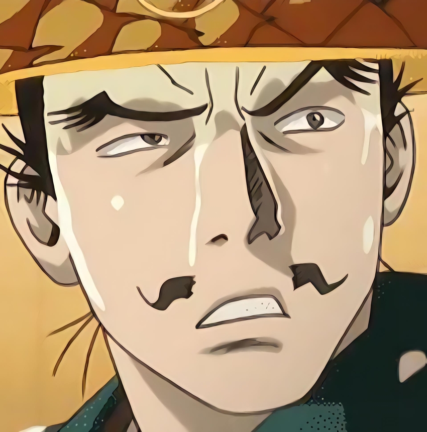 1boy, brown_eyes, brown_hair, chinese_hat, furuta_sasuke, hyougetsu_nagare, large_ears, male_focus, yellow_background