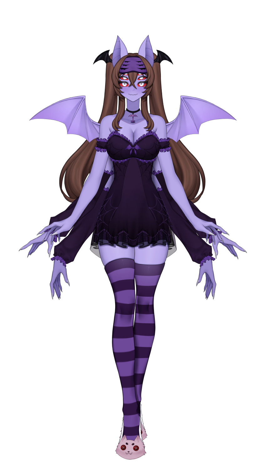 absurdres, animal_ears, arthropod_girl, bat_ears, bat_wings, black_nightgown, blue_eyes, breasts, brown_hair, bug, choker, colored_sclera, colored_skin, dante_will, dante_will_(nightgown), dante_will_(spider), detached_sleeves, extra_arms, extra_eyes, fake_head_wings, fingernails, frilled_nightgown, highres, indie_virtual_youtuber, insect_girl, koimyas, limmushi, long_hair, nightgown, ohwasuy, pink_hair, purple_skin, red_sclera, sharp_fingernails, sleep_mask, spider, spider_girl, striped_clothes, striped_thighhighs, thighhighs, very_long_hair, wings