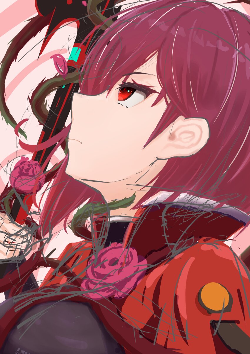 1girl, absurdres, commentary_request, flower, from_side, heaven_burns_red, highres, pink_flower