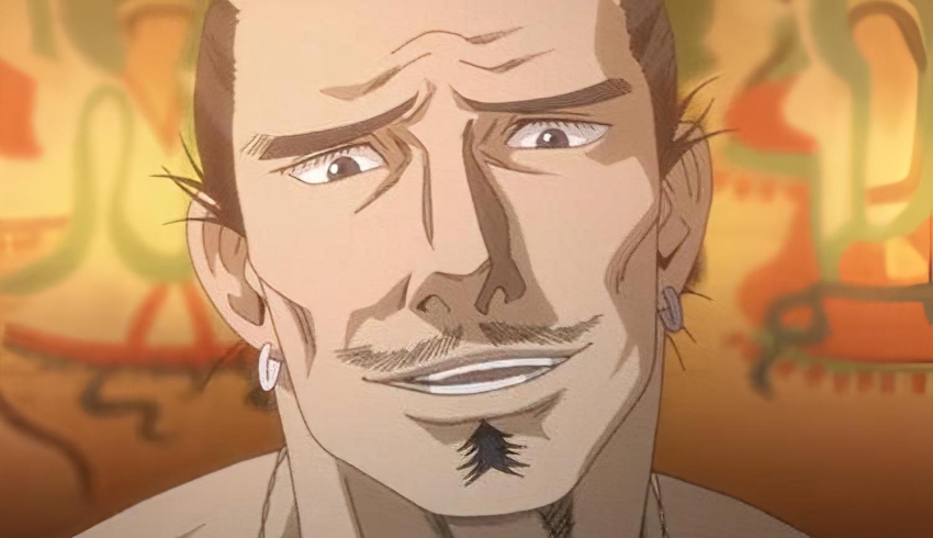 earrings, eyebrows_down, hyouge_mono, jewelry, oda_nabunaga, smile, wrinkled_forehead