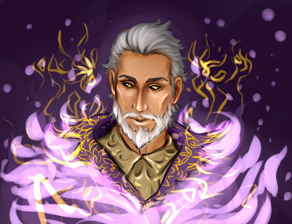 1boy, beard, black_sclera, colored_sclera, commentary, dress_shirt, energy, facial_hair, facing_viewer, gold_embroidery, hair_slicked_back, jacket, looking_to_the_side, male_focus, mustache, ornate_clothes, purple_background, purple_jacket, sheogorath, shirt, slit_pupils, solo, suit_jacket, the_elder_scrolls, the_elder_scrolls_iv:_oblivion, upper_body, violetta-altory, white_hair, yellow_eyes, yellow_shirt
