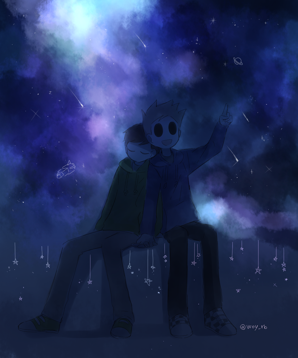 2boys, :d, arm_up, black_pants, blue_hoodie, brown_hair, brown_pants, checkered_shoes