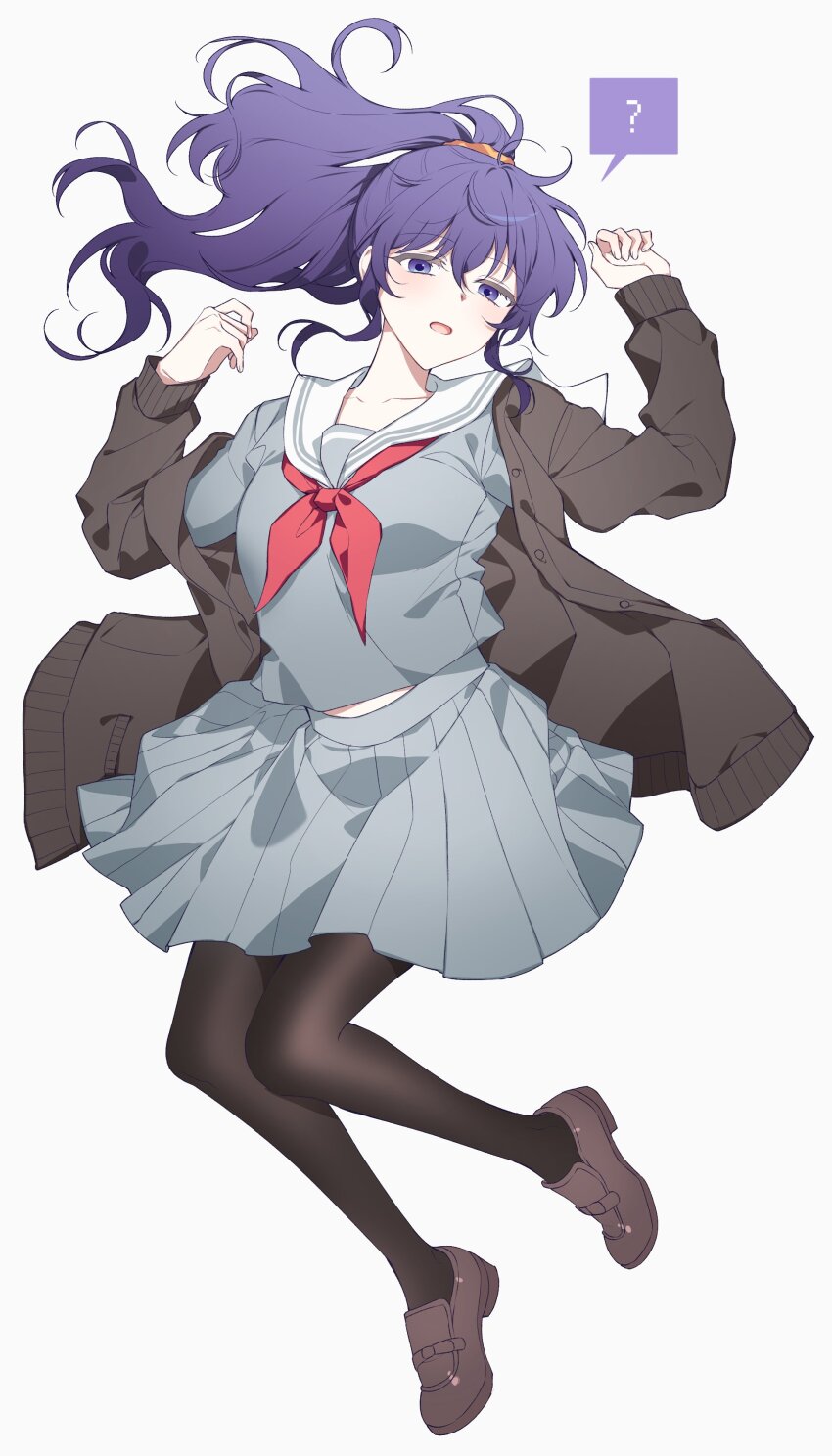 1girl, ?, absurdres, asahina_mafuyu, breasts, brown_cardigan, brown_pantyhose, brown_shoes