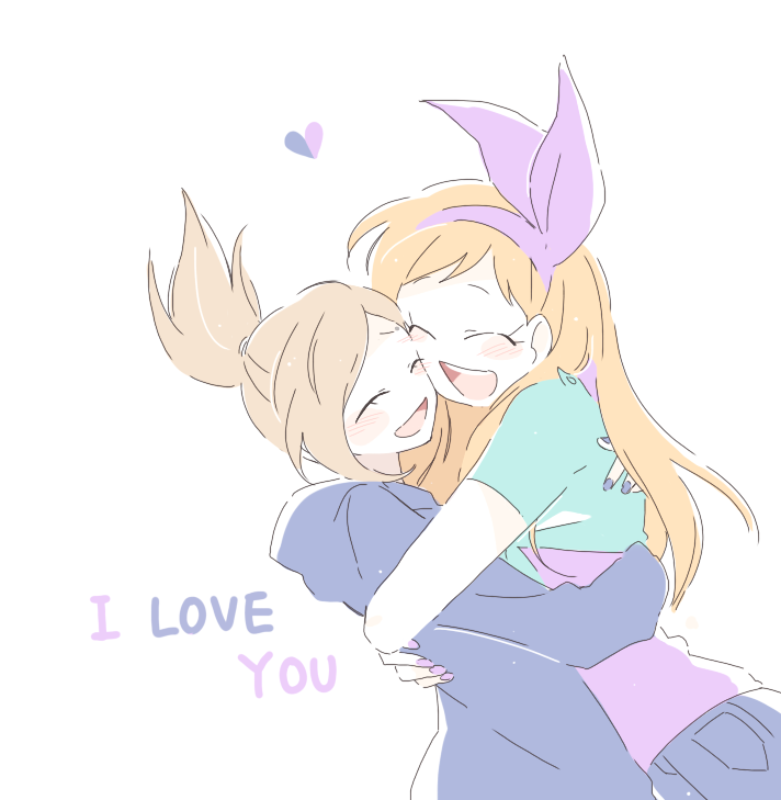 2girls, :d, ^_^, animification, blue_hoodie, blue_nails, blush, brown_hair