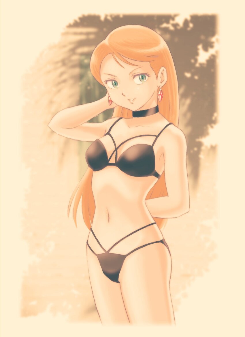 1girl, amron_(robopon), arm_behind_back, arm_up, bikini, black_bikini, black_choker, blonde_hair