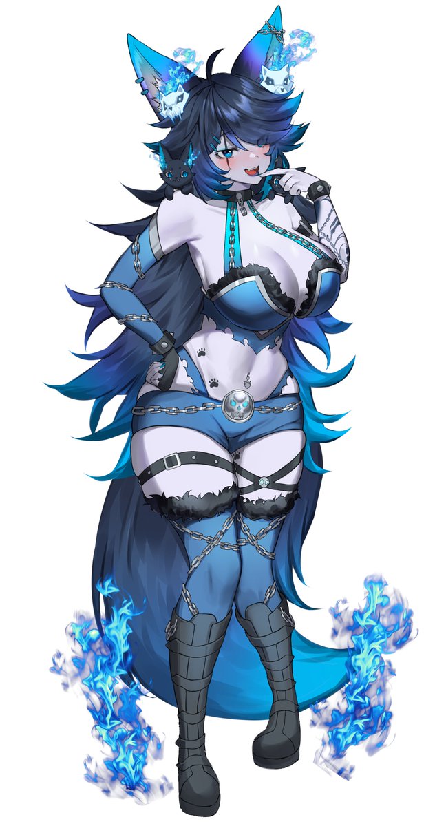 1girl, ahoge, animal_ears, arm_tattoo, blue_eyes, blue_fire, blue_hair, blue_nails