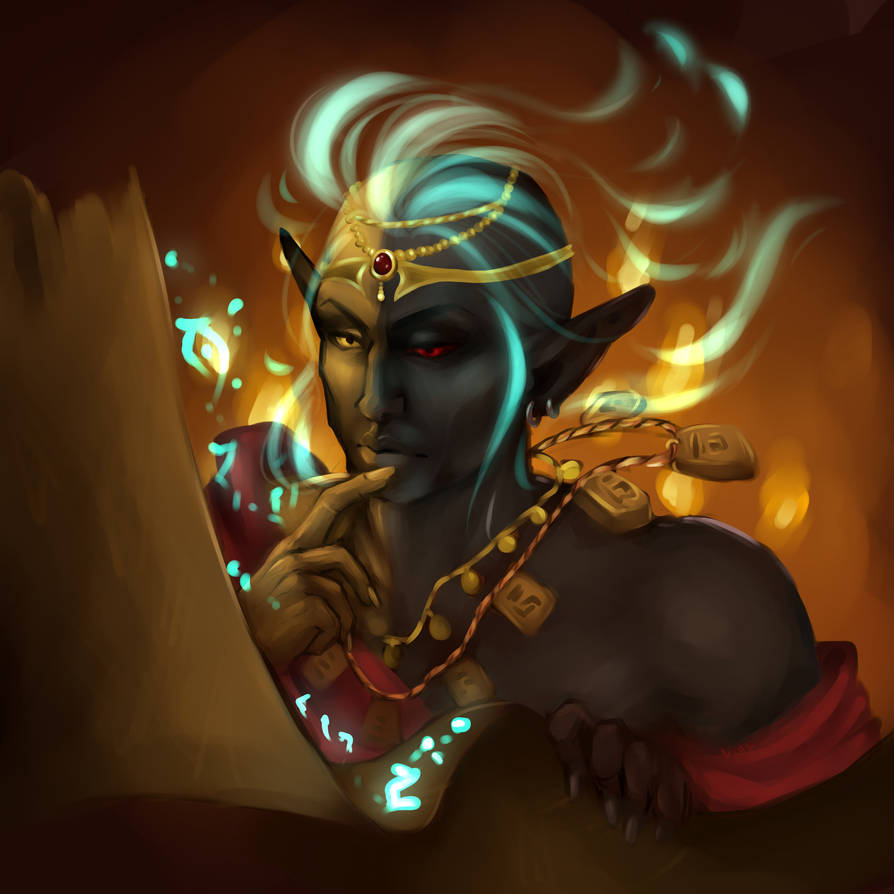 1boy, amulet, bald, black_background, black_eyes, circlet, colored_sclera, colored_skin, commentary, dark_elf, dunmer, earrings, elf, energy, gold_skin, gradient_background, grey_skin, jewelry, magic, male_focus, necklace, orange_background, pointy_ears, reading, red_sclera, scroll, the_elder_scrolls, the_elder_scrolls_iii:_morrowind, violetta-altory, vivec_(elder_scrolls), yellow_sclera