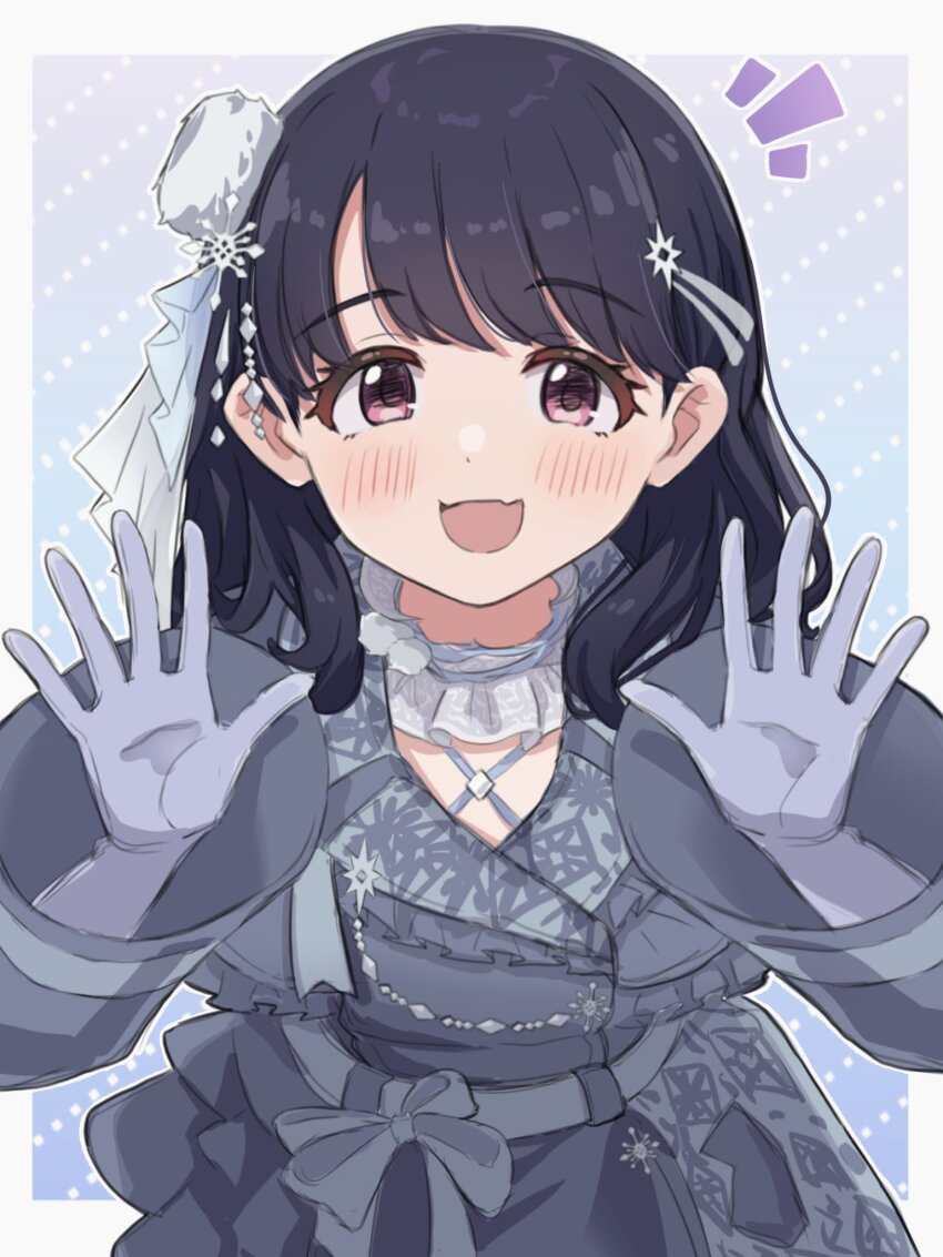 1girl, black_hair, blush, commentary_request, dress, fangs, fukumaru_koito, gloves