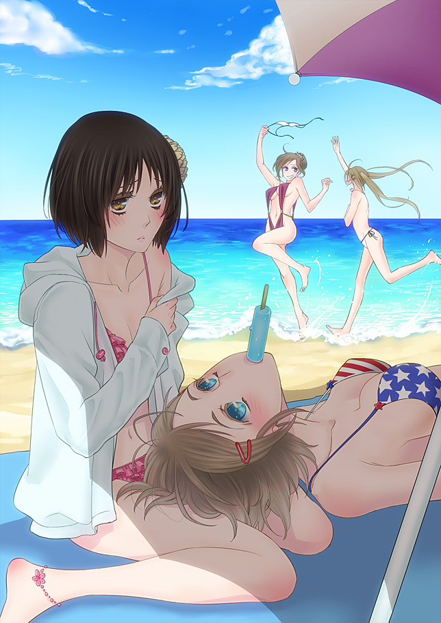 4girls, alternate_costume, america_(female)_(hetalia), america_(hetalia), american_flag, american_flag_bikini, american_flag_print, anklet, arm_up, arms_up, axis_powers_hetalia, bare_legs, bare_shoulders, beach, bikini, black_hair, blonde_hair, blue_eyes, blush, bracelet, breasts, brown_hair, chasing, chikotsu, cleavage, cloud, colored_eyelashes, covering_breasts, covering_privates, day, embarrassed, flag_print, flag_print_bikini, flower, food, france_(female)_(hetalia), france_(hetalia), frilled_bikini, frills, genderswap, genderswap_(mtf), glasses, grin, hair_bun, hair_flower, hair_ornament, hairclip, hairpin, hood, hoodie, jacket, japan_(female)_(hetalia), japan_(hetalia), jewelry, lap_pillow, large_breasts, lips, long_hair, long_sleeves, lying, midriff, multiple_girls, navel, ocean, on_back, open_clothes, open_jacket, open_mouth, outdoors, parted_bangs, popsicle, print_bikini, purple_eyes, running, shade, short_hair, single_hair_bun, sitting, sky, sleeveless, slingshot_swimsuit, smile, soaking_feet, standing, standing_on_one_leg, star_(symbol), swept_bangs, swimsuit, tiara, towel, twintails, umbrella, united_kingdom_(female)_(hetalia), united_kingdom_(hetalia), united_states, wariza, water, yellow_eyes