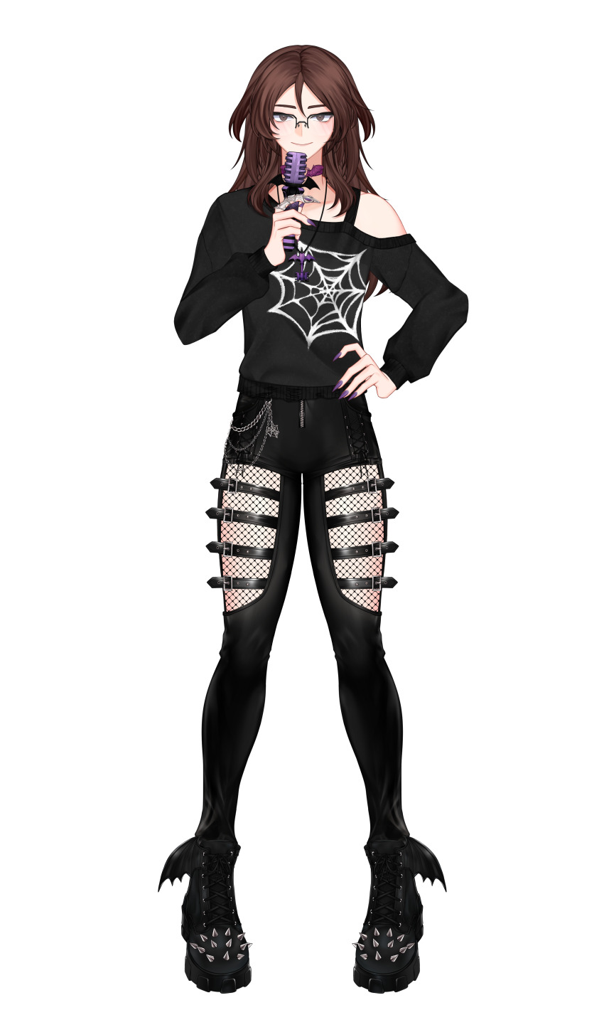 absurdres, black_boots, black_shirt, boots, brown_eyes, brown_hair, choker, dante_will, dante_will_(person), glasses, highres, holding, holding_microphone, indie_virtual_youtuber, jewelry, key, key_necklace, leather, leather_pants, limmushi, microphone, necklace, ohwasuy, pants, shirt, spider_web_print, spiked_boots, winged_boots