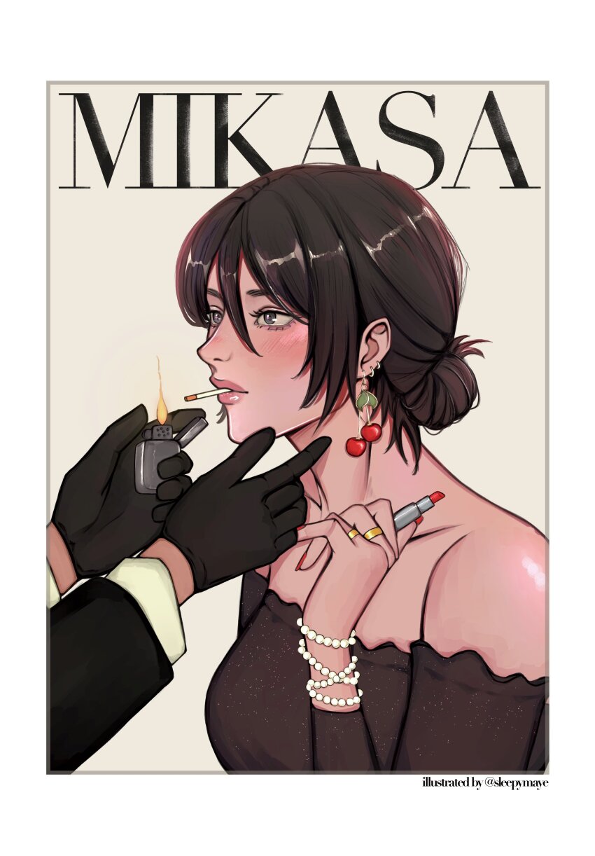1boy, 1girl, absurdres, bare_shoulders, black_dress, black_gloves, black_hair, black_jacket, border, bracelet, breasts, character_name, cherry_earrings, cigarette, commentary, cosmetics, detached_sleeves, dress, earrings, fire, food-themed_earrings, food_themed_earrings, gloves, grey_background, grey_eyes, hair_between_eyes, hair_bun, hair_rings, highres, holding, holding_lighter, holding_lipstick_tube, jacket, jewelry, light_blush, lighter, lighting_another's_cigarette, lipstick_tube, looking_at_another, maye, medium_breasts, medium_hair, mikasa_ackerman, multiple_earrings, pearl_bracelet, shingeki_no_kyojin, shirt, twitter_username, updo, upper_body, white_border, white_shirt