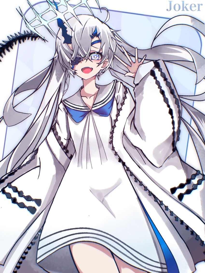 1girl, asymmetrical_horns, blue_eyes, character_request, commentary_request, dress, fang, grey_hair