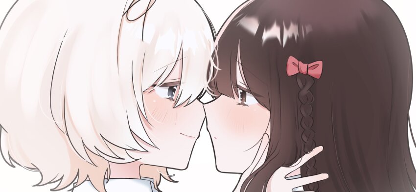 2girls, babumi_roriko, bow, braid, brown_eyes, brown_hair, closed_mouth, commentary