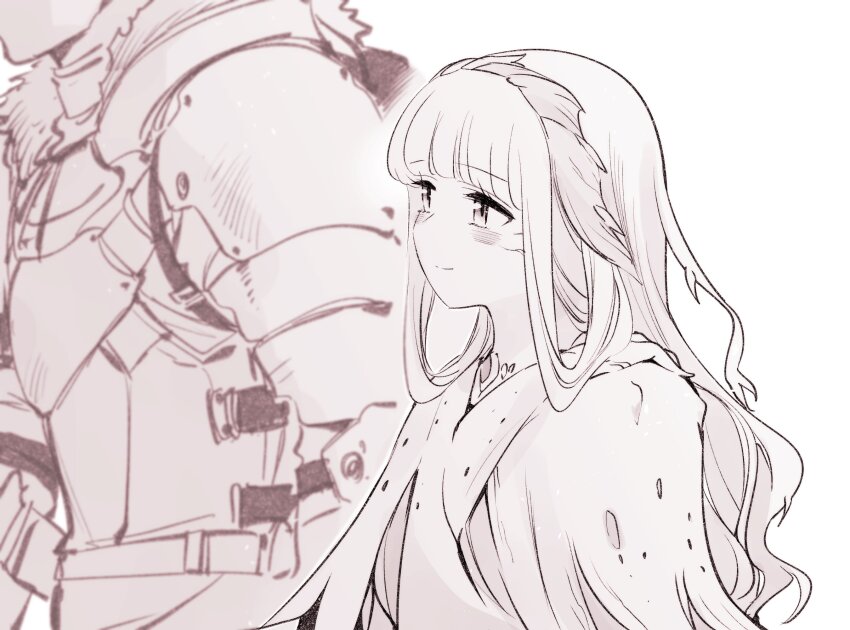 1boy, 1girl, armor, belt, blush, cloak, hairband, highres, kato_takuji, long_hair, ma_no_mono-tachi, monster_girl, princess_(ishiyumi), shoulder_armor, smile, white_background