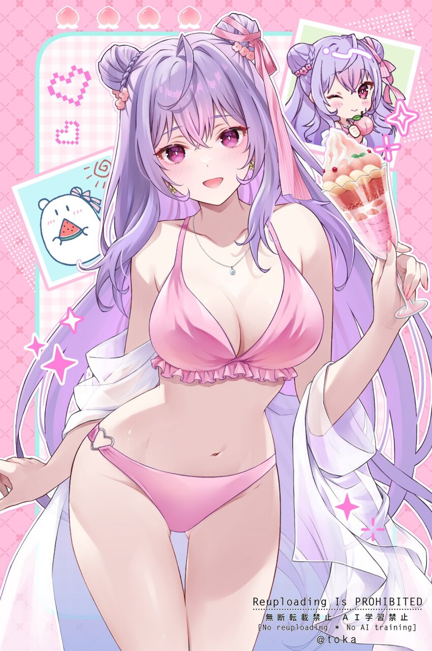 1girl, :d, ahoge, bikini, blush, braid, breasts, bright_pupils, bun_with_braided_base, cleavage, collarbone, colored_bangs, commentary_request, crossed_bangs, dessert, double_bun, earrings, food, frilled_bikini, frills, fruit, hair_between_eyes, hair_bun, hair_ribbon, heart, heart_o-ring, highres, holding, holding_food, holding_fruit, jacket, jewelry, kozue_mone, large_breasts, leaf, long_hair, looking_at_viewer, navel, necklace, nijisanji, o-ring, o-ring_bikini_bottom, open_mouth, parfait, peach, pink_background, pink_bikini, pink_eyes, pink_ribbon, purple_hair, quichi_91, ribbon, smile, solo, swimsuit, thighs, virtual_youtuber, watermark, whipped_cream, white_jacket, white_pupils
