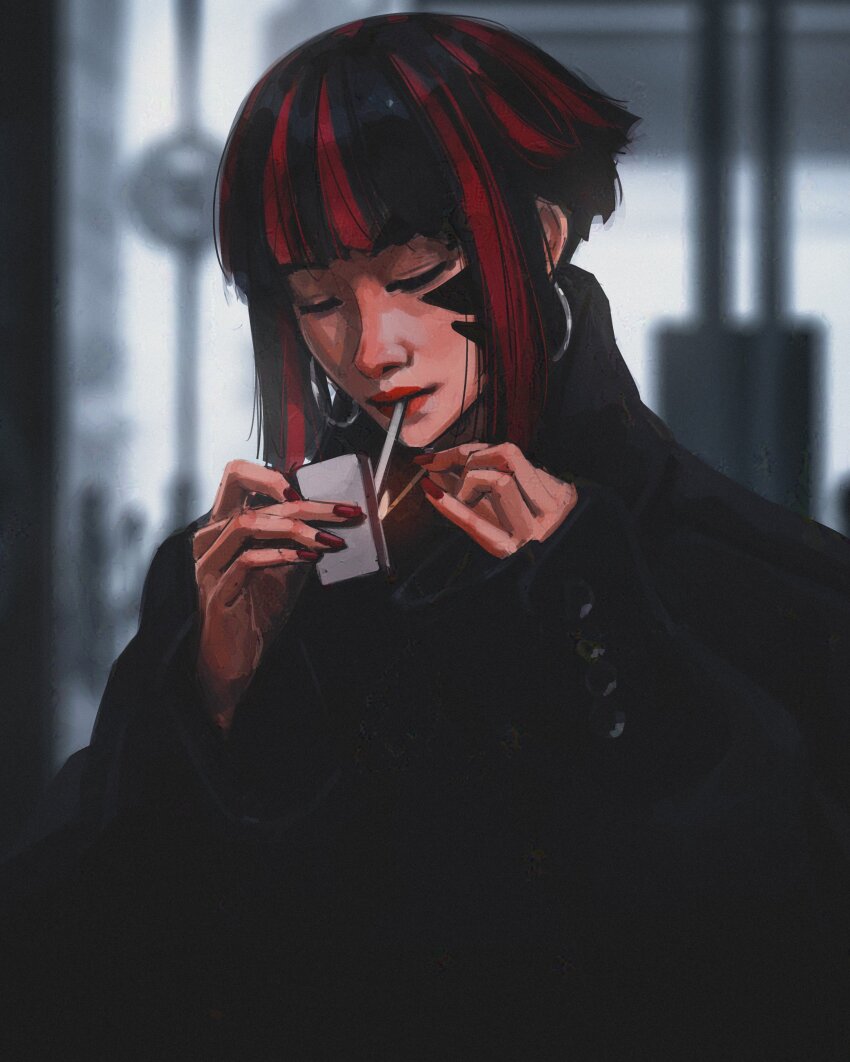 1girl, absurdres, black_coat, black_hair, blunt_bangs, blurry, blurry_background, cigarette