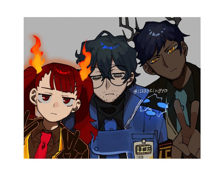 11230kingyo, 1girl, 2boys, absurdres, aedd_(e.g.o), alyssa_(project_moon), antlers, ardor_blossom_star_(e.g.o)