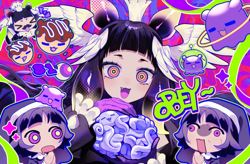 3girls, asymmetrical_gloves, black_hair, blunt_bangs, brain, chef_hat, colorful, commentary