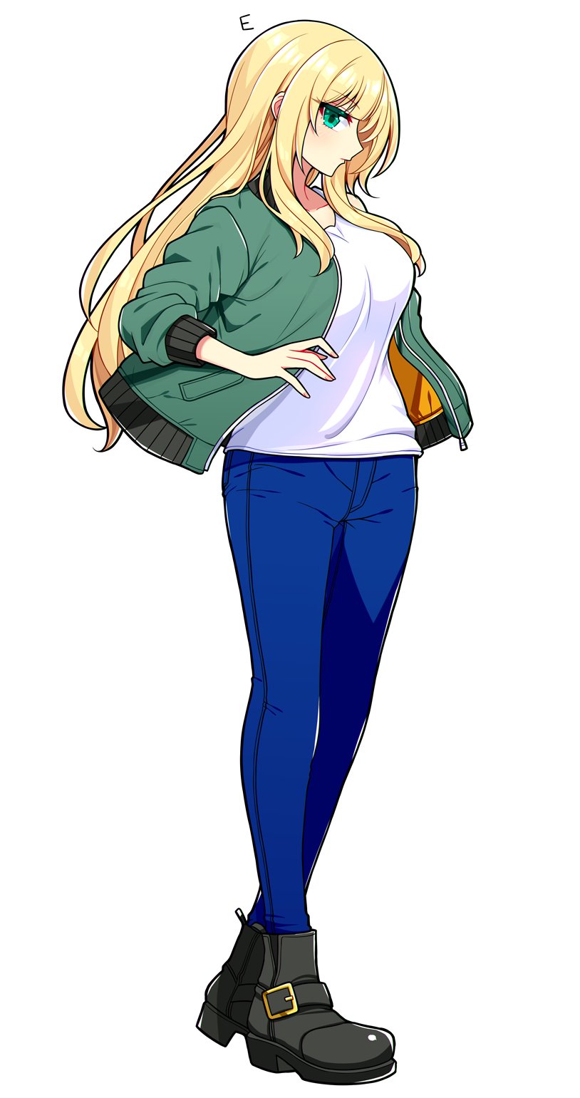 1girl, black_boots, blonde_hair, blue_pants, boots, breasts, commentary, full_body