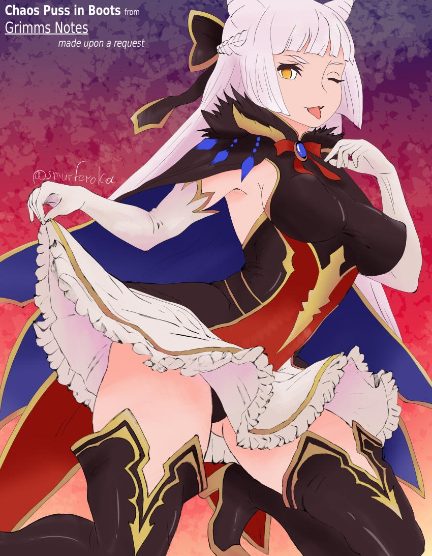 1girl, black_boots, black_panties, boots, breasts, chaos_puss_in_boots_(grimms_notes), gloves, grimms_notes