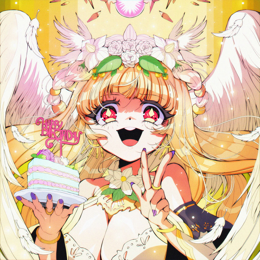 1girl, angel, bad_id, bad_pixiv_id, blonde_hair, breasts, cake, chaos_therese_(grimms_notes), cleavage, feathered_wings, fingernails, food, grimms_notes, halo, holding_cake, holding_food, large_breasts, open_mouth, parudy88, purple_nails, red_eyes, smile, solo, teeth, tongue, upper_teeth_only, white_wings, wings