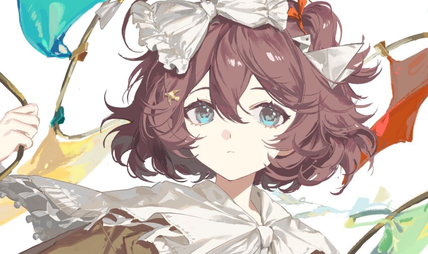 1girl, blue_eyes, bow, brown_hair, cape, closed_mouth, clothesline, commentary_request