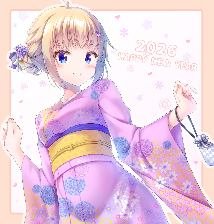 1girl, 2026, ahoge, alternate_hairstyle, bag, blonde_hair, blue_bag, blue_eyes, blue_flower, blush, breasts, checkered_pouch, closed_mouth, commentary, cowboy_shot, dot_nose, english_text, floral_print, floral_print_kimono, flower, furisode, getsuyoshi, hair_bun, hair_flower, hair_ornament, hair_up, hands_up, happy_new_year, highres, honeycomb_(pattern), hydrangea, itsumura_haruka, japanese_clothes, kimono, kinchaku, looking_at_viewer, medium_breasts, new_year, pouch, print_kimono, print_sash, purple_flower, purple_kimono, re:stage!, sash, short_hair, sidelocks, single_hair_bun, smile, solo, tight_clothes, underbust, wide_sleeves, yellow_sash