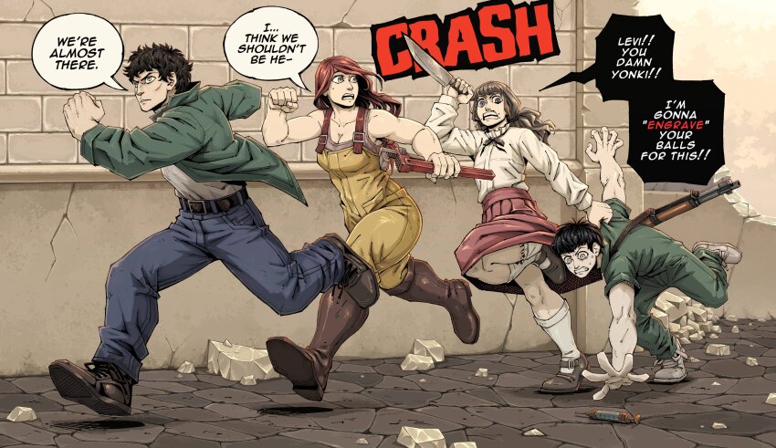 2boys, 2girls, abella_(fear_&amp;_hunger), absurdres, bare_arms, bare_shoulders, belt, black_hair, black_ribbon, blue_pants, boots, breasts, brown_belt, brown_boots, brown_eyes, brown_hair, brown_shoes, brown_tank_top, cleavage, clenched_hand, clenched_teeth, closed_mouth, collarbone, commentary_request, english_text, face_piercing, fear_&amp;_hunger_(series), fear_&amp;_hunger_2:_termina, frilled_shirt_collar, frills, green_jacket, green_jumpsuit, grey_shoes, gun, gun_sling, highres, holding, holding_knife, holding_wrench, jacket, jumpsuit, knife, levi_(fear_&amp;_hunger), long_hair, long_sleeves, marcoh_(fear_&amp;_hunger), marina_(fear_&amp;_hunger), mary_janes, mouth_piercing, multiple_boys, multiple_girls, neck_ribbon, open_clothes, open_jacket, open_mouth, overalls, pants, piercing, pink_skirt, pipe_wrench, reaching, red_hair, reverse_grip, ribbon, rifle, running, shirt, shirt_tucked_in, shoes, short_hair, short_sleeves, skirt, socks, spanish_commentary, speech_bubble, syringe, tank_top, teeth, trejoshurtado, weapon, white_shirt, white_socks, wrench, yellow_overalls