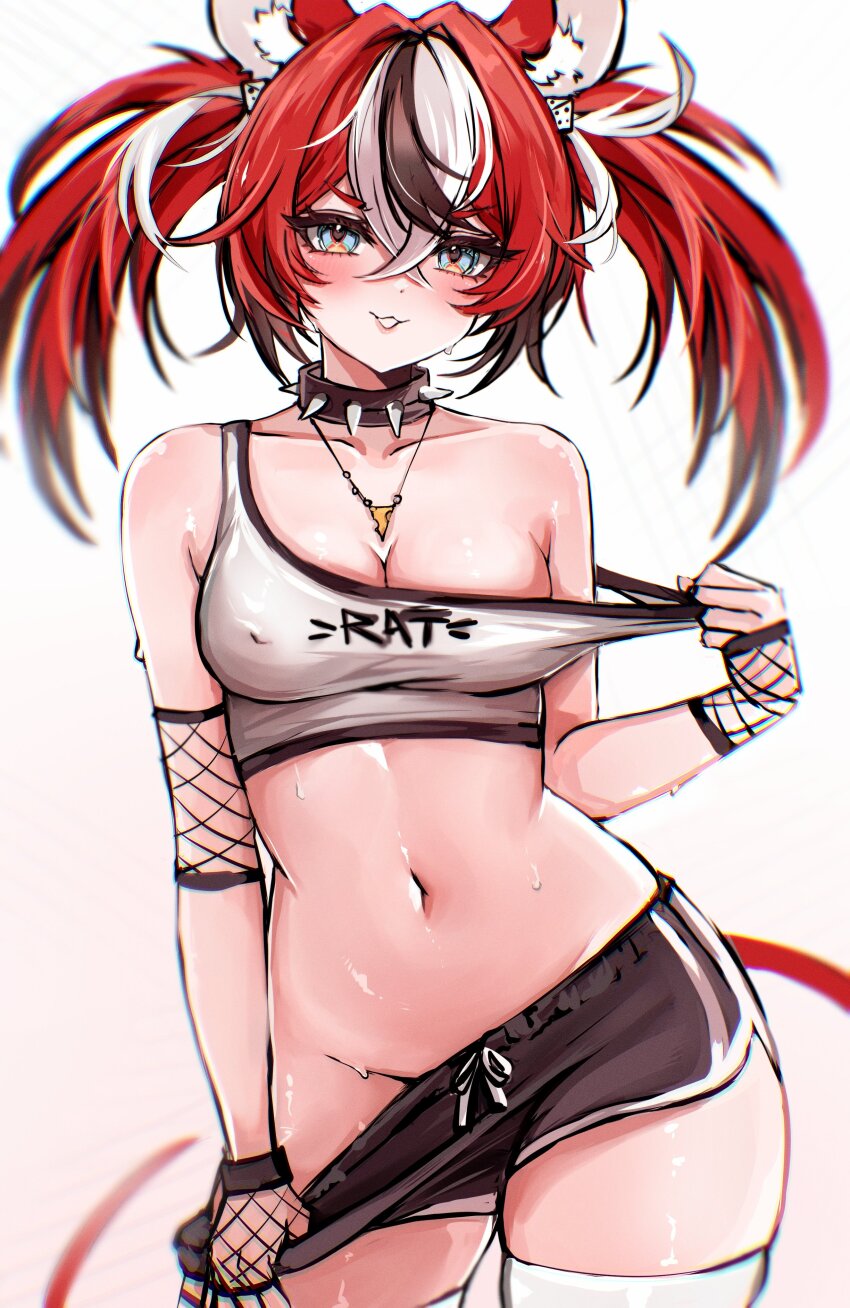 1girl, absurdres, alternate_costume, animal_ear_fluff, animal_ears, black_hair, black_shorts, black_streaks