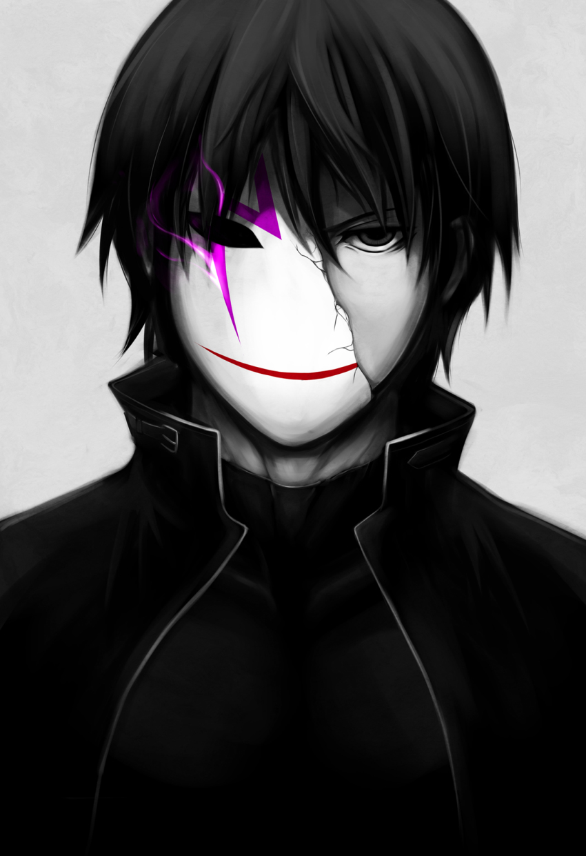 1boy, black_hair, broken_mask, darker_than_black, grey_theme, hei_(darker_than_black), highres, looking_at_viewer