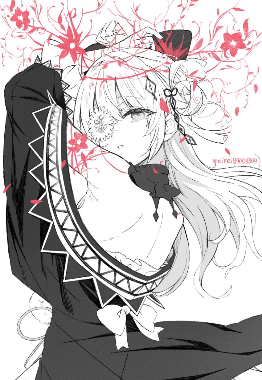 1girl, bow, bowtie, commentary_request, flower, flower_in_eye, flower_ornament, hair_ornament