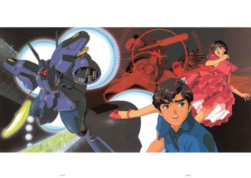 1990s_(style), 1boy, 1girl, absurdres, aiming, arm_cannon, beam_axe, beam_cannon, brown_hair, cable, desert_zaku, dress, dwadge, dwadge_custom, green_eyes, gundam, gundam_zz, heads-up_display, highres, judau_ashta, kitazume_hiroyuki, leina_ashta, magazine_scan, mecha, mobile_suit, neo_zeon, o'neill_cylinder, official_art, one-eyed, retro_artstyle, robot, scan, scared, scene_reference, science_fiction, shield, siblings, space, space_habitat, thrusters, traditional_media, user_interface, weapon, zero_gravity